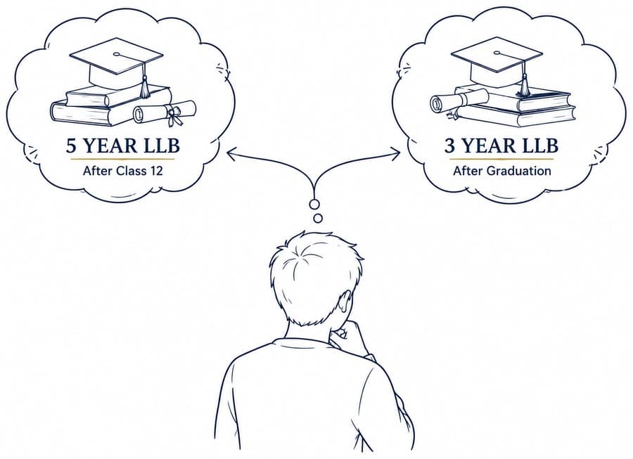 A student seen from behind, with one thought line splitting into two clouds reading 5 Year LLB after Class 12 and 3 Year LLB after Graduation.