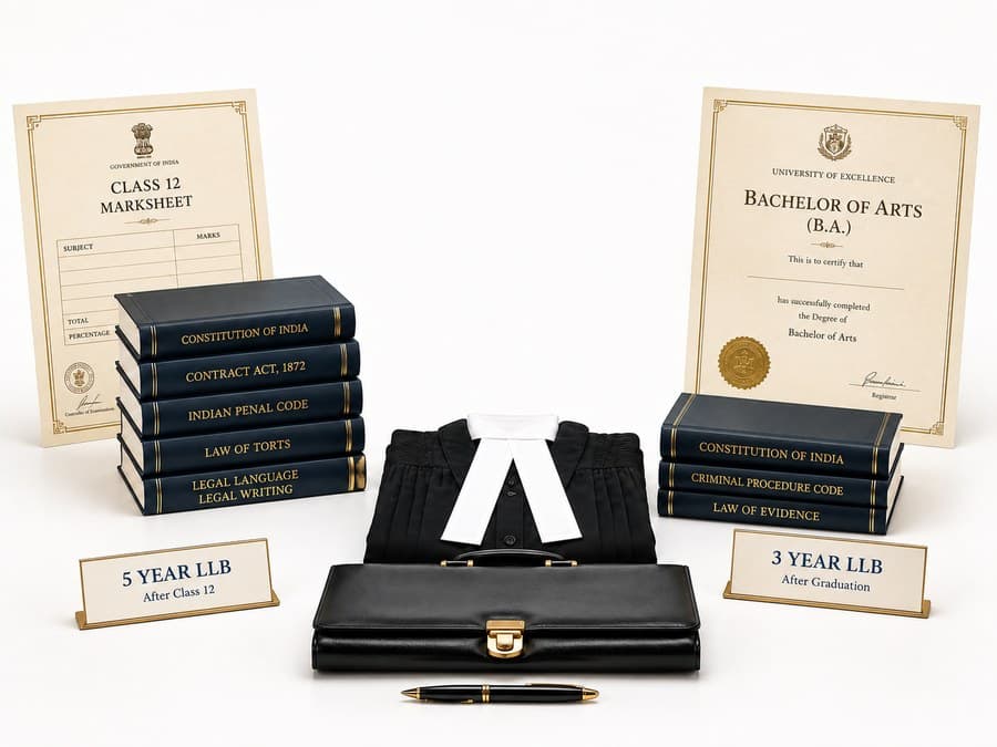A Class 12 marksheet with five navy law books beside a Bachelor of Arts degree with three navy law books, sharing one advocate's robe, white bands, briefcase and pen in the centre, labelled 5 Year LLB after Class 12 and 3 Year LLB after Graduation.