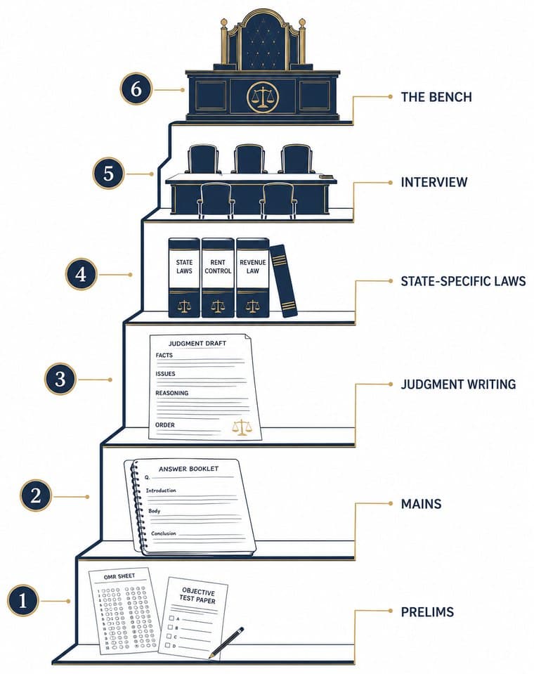 The judiciary exam journey shown as six rising steps: Prelims, Mains, Judgment Writing, State-Specific Laws, Interview, and The Bench.