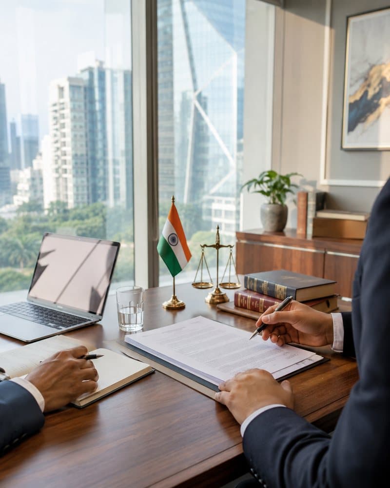 A contract under review on a boardroom table beside a laptop, an Indian flag and scales of justice, with glass office towers visible through the window.