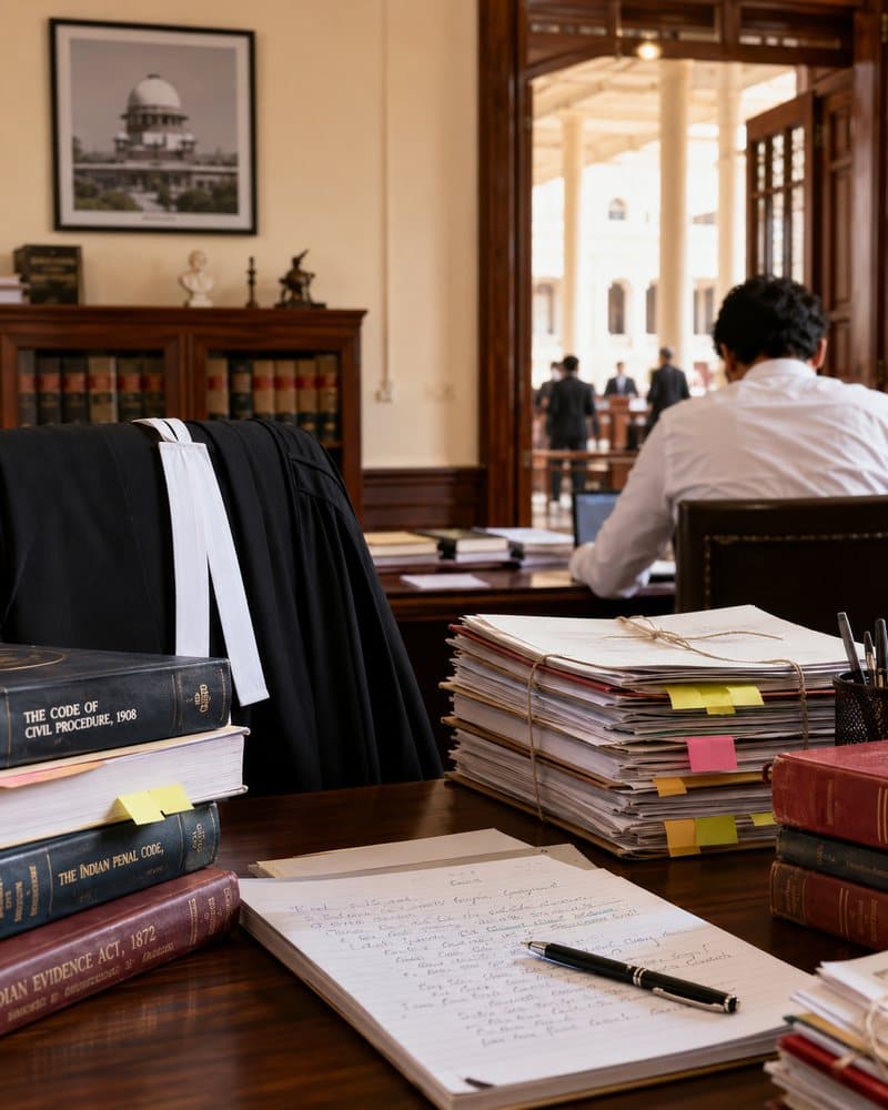 An advocate's black robe and white bands beside stacked case files and law reports in a wood-panelled Indian court chamber, with the courtroom visible through an open door.