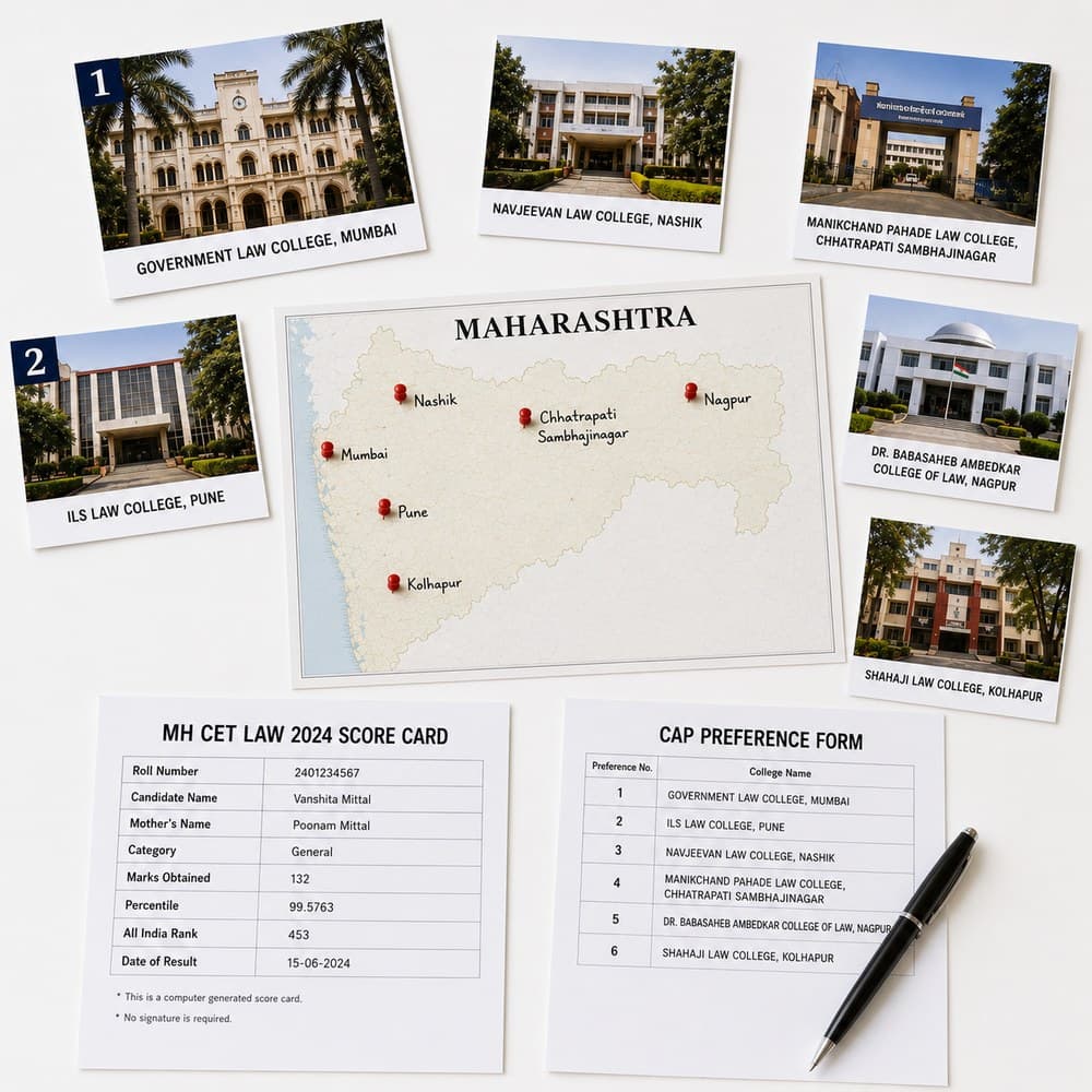 MH CET Law CAP admission planning layout with a Maharashtra map, law college photo cards, scorecard, and college preference form.